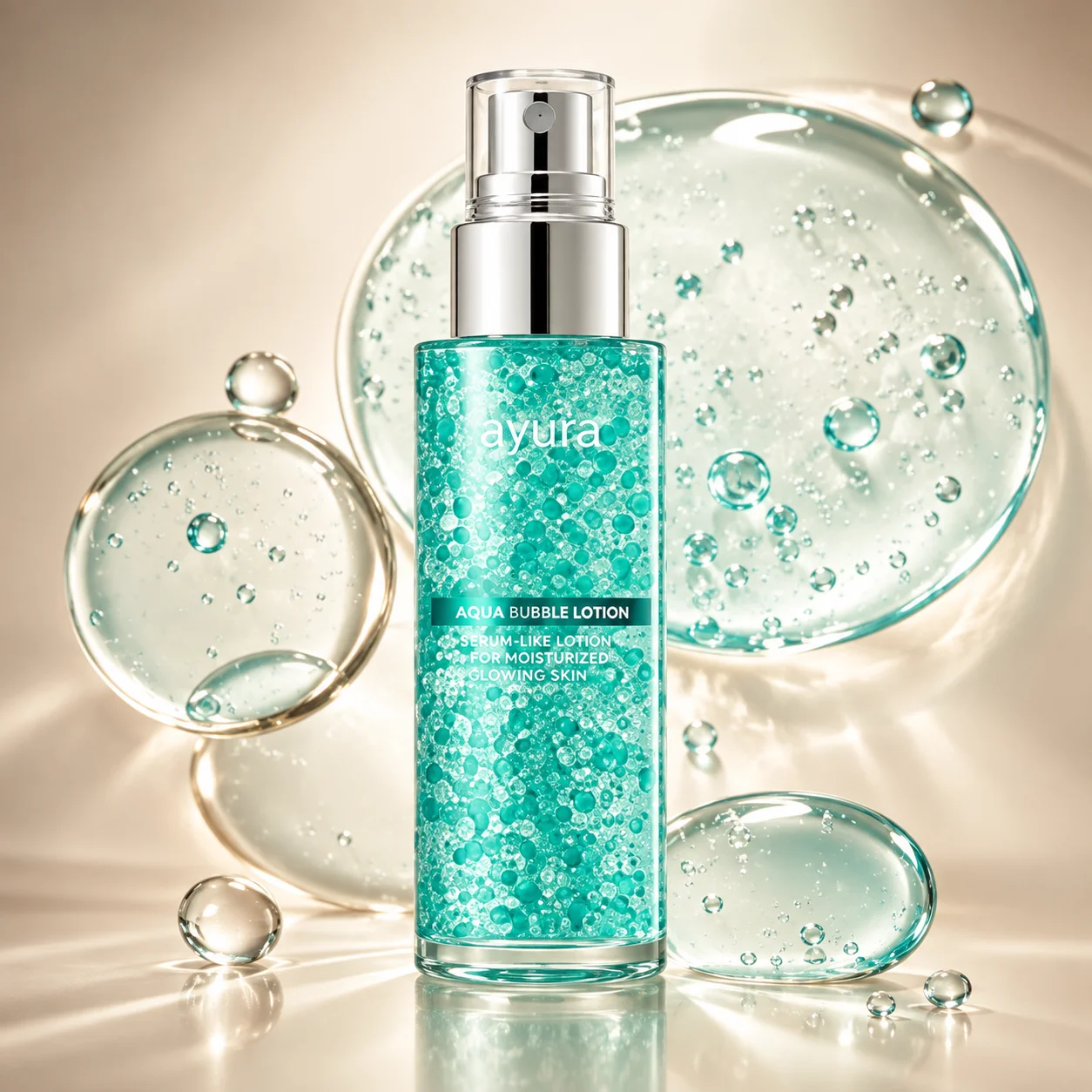 Ayura Aqua Bubble Lotion in a transparent bottle with a silver pump, featuring a hydrating bubble-like formula. The background includes scattered gel-like droplets on a light beige surface.